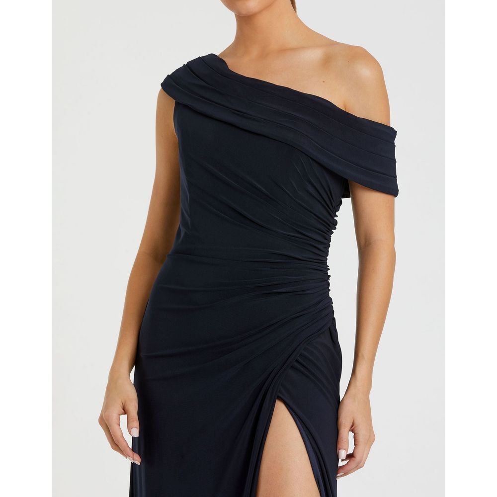 Mac Duggal Ieena NEW Navy Foldover Off-the-Shoulder Slit Jersey Gown - Size 16 - Picture 6 of 15